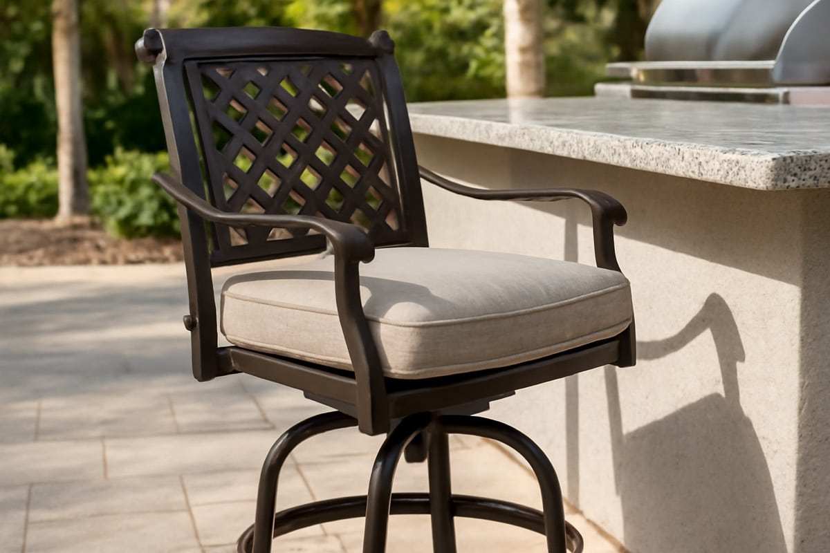 Outdoor bar stools for a pool bar at correct counter height in a Florida backyard