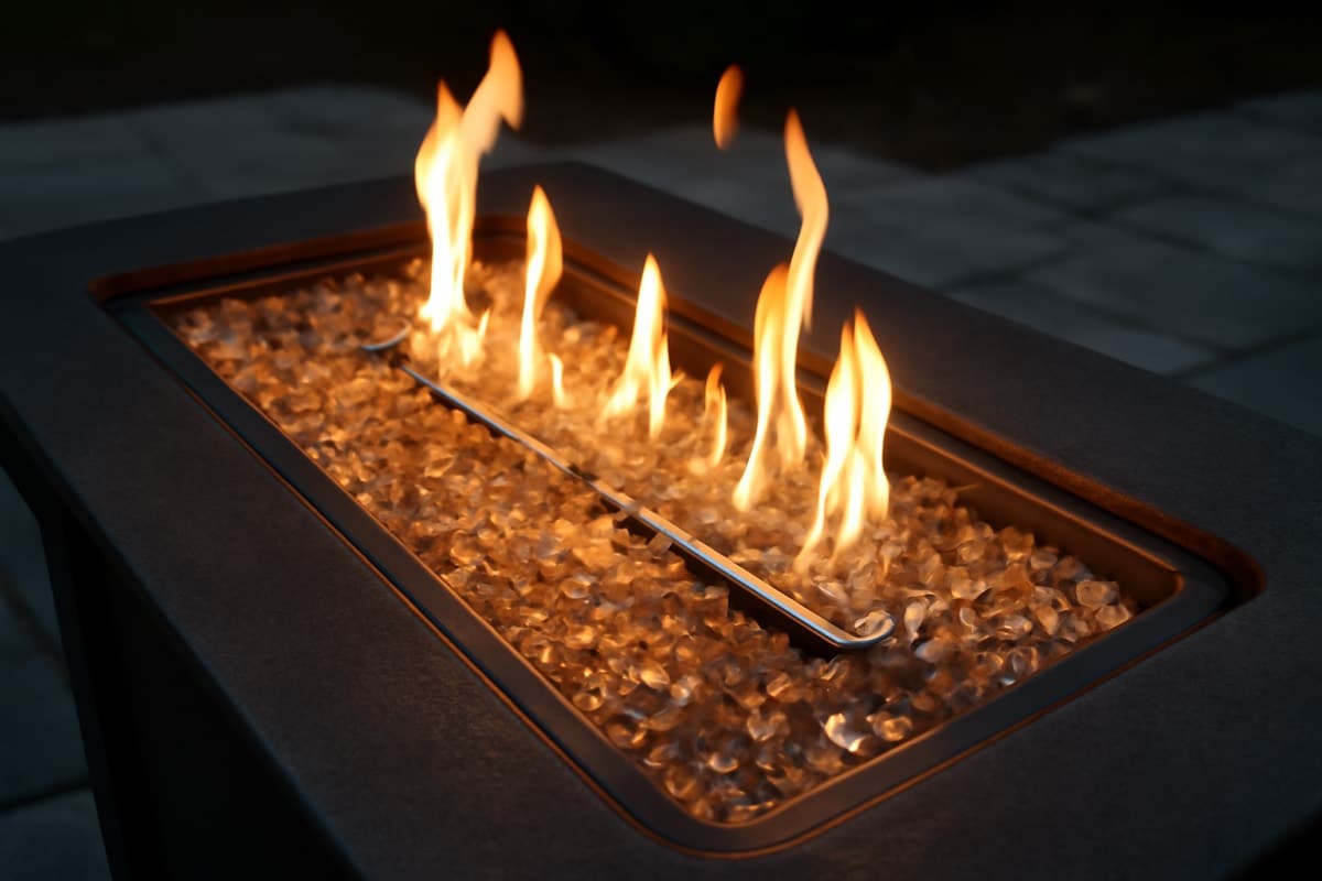 Fire table conversation set arranged in a U-shape on a Florida patio for cool evenings