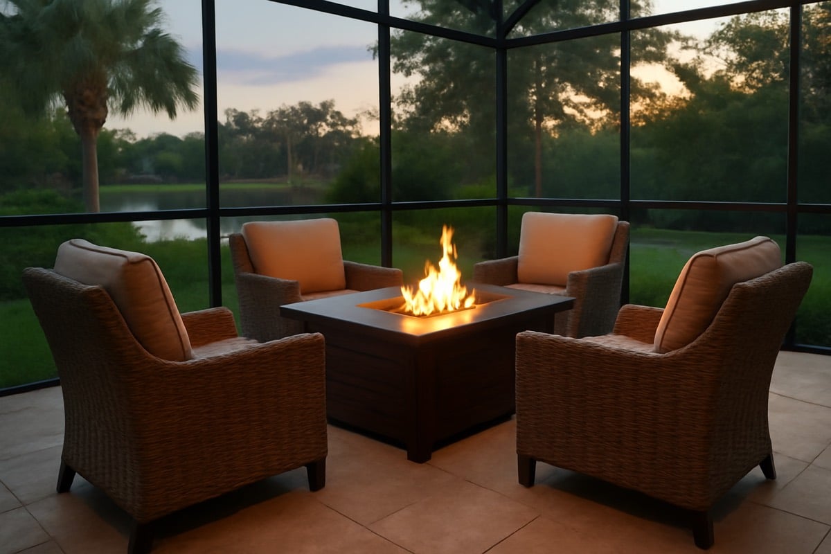 Weather-ready fire table conversation set with Sunbrella cushions on a Gulf Coast Florida patio