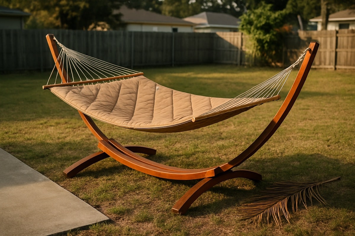 Quilted fabric hammock with spreader bars on a wooden arc stand in a fenced Florida backyard