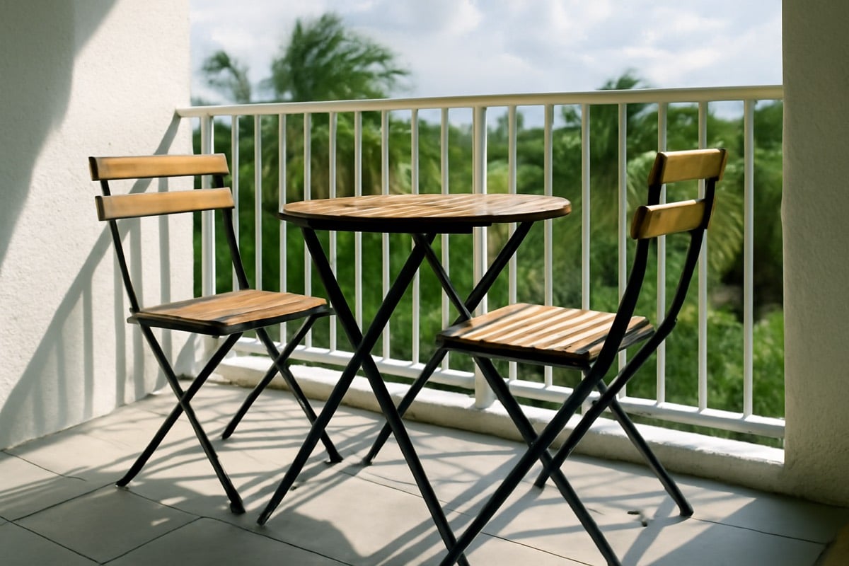 Small balcony furniture for condos arranged with clear walking space on a Florida high-rise balcony