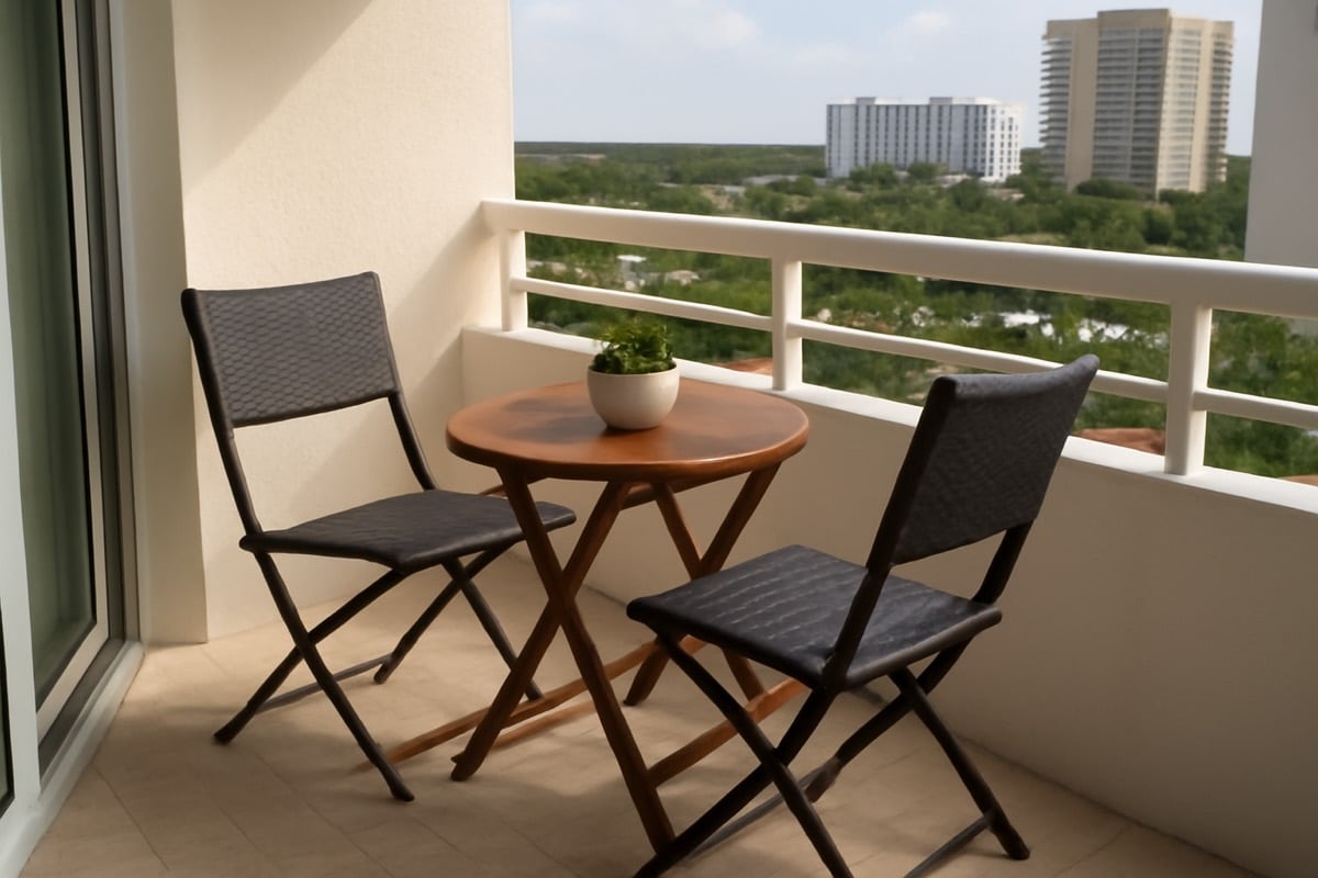 Weather-ready aluminum and Sunbrella small balcony furniture on a coastal Florida condo balcony