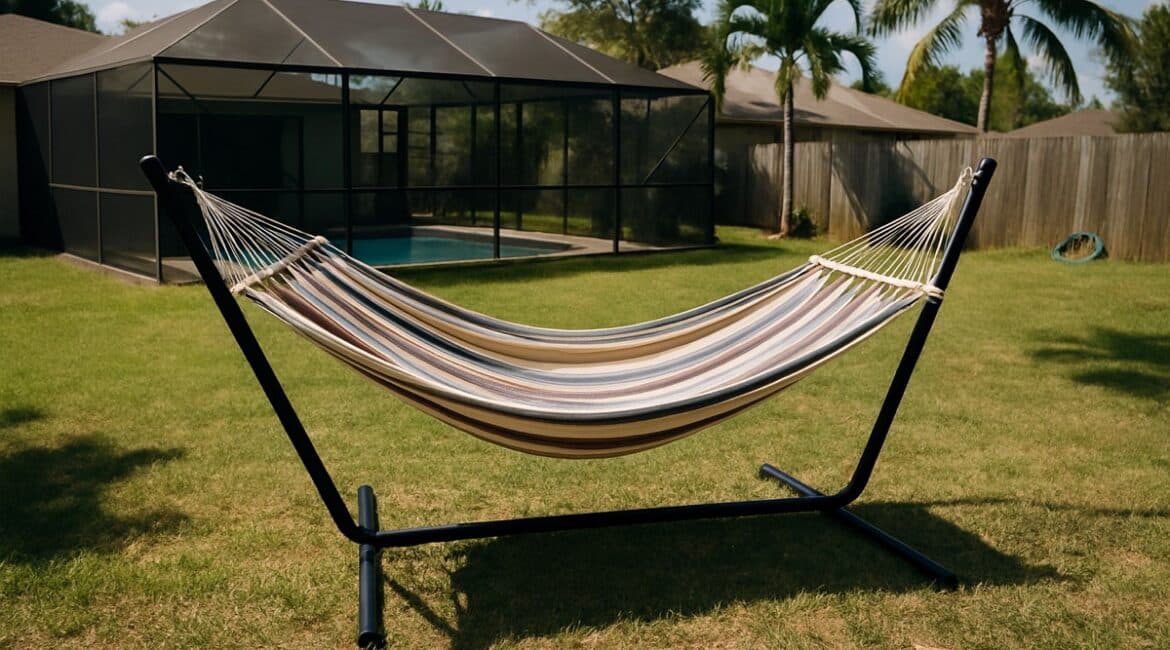 Fabric hammock on a freestanding steel stand in a Florida backyard with a screened pool enclosure and palms