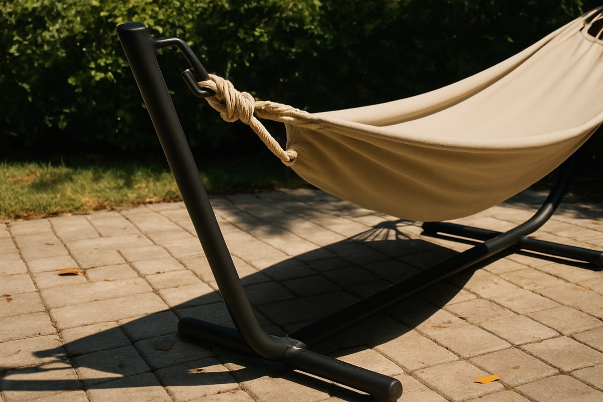 Powder-coated steel hammock stand with a canvas hammock secured by a rope loop on a Florida paver patio