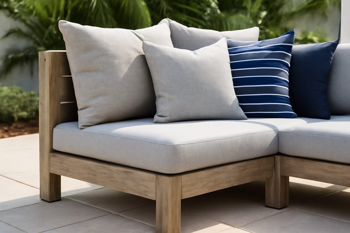 Outdoor sectional for a Florida patio arranged along a shaded pool deck with clear walking paths
