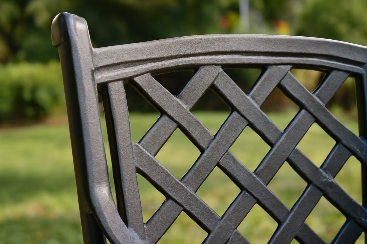 Powder-coated aluminum patio dining set on a Florida snowbird lanai