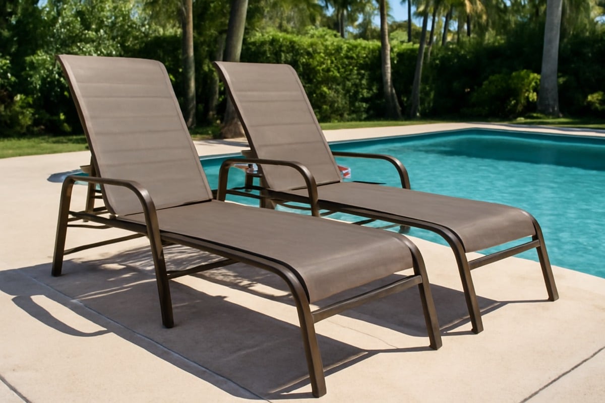 Aluminum patio chairs stacked and secured before Florida hurricane season