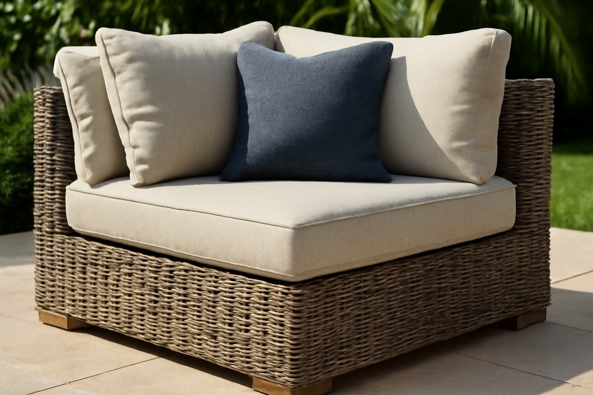 Modular outdoor sofa for entertaining configured in an L-shape on a Florida lanai