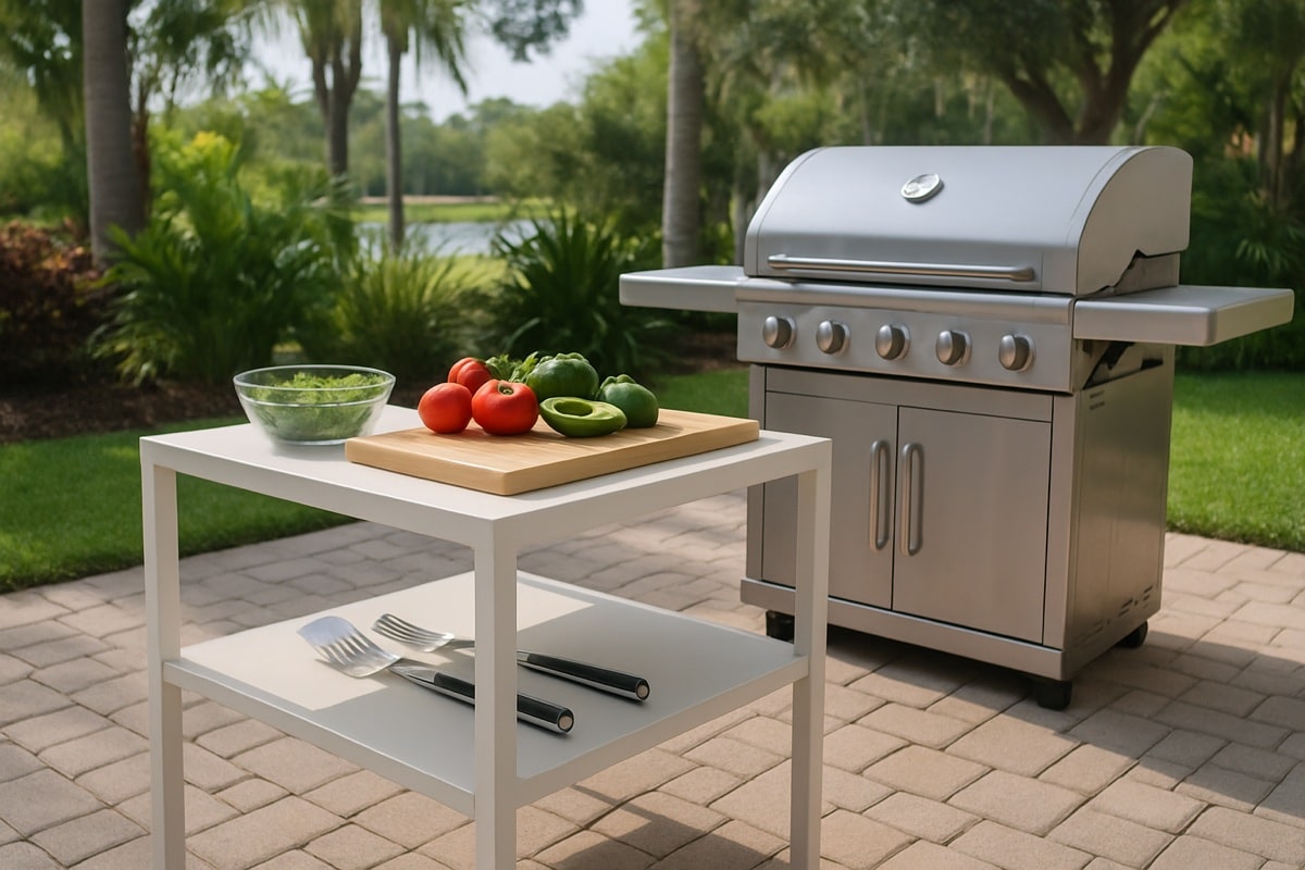 Powder-coated aluminum prep table beside a backyard grill on a Florida patio