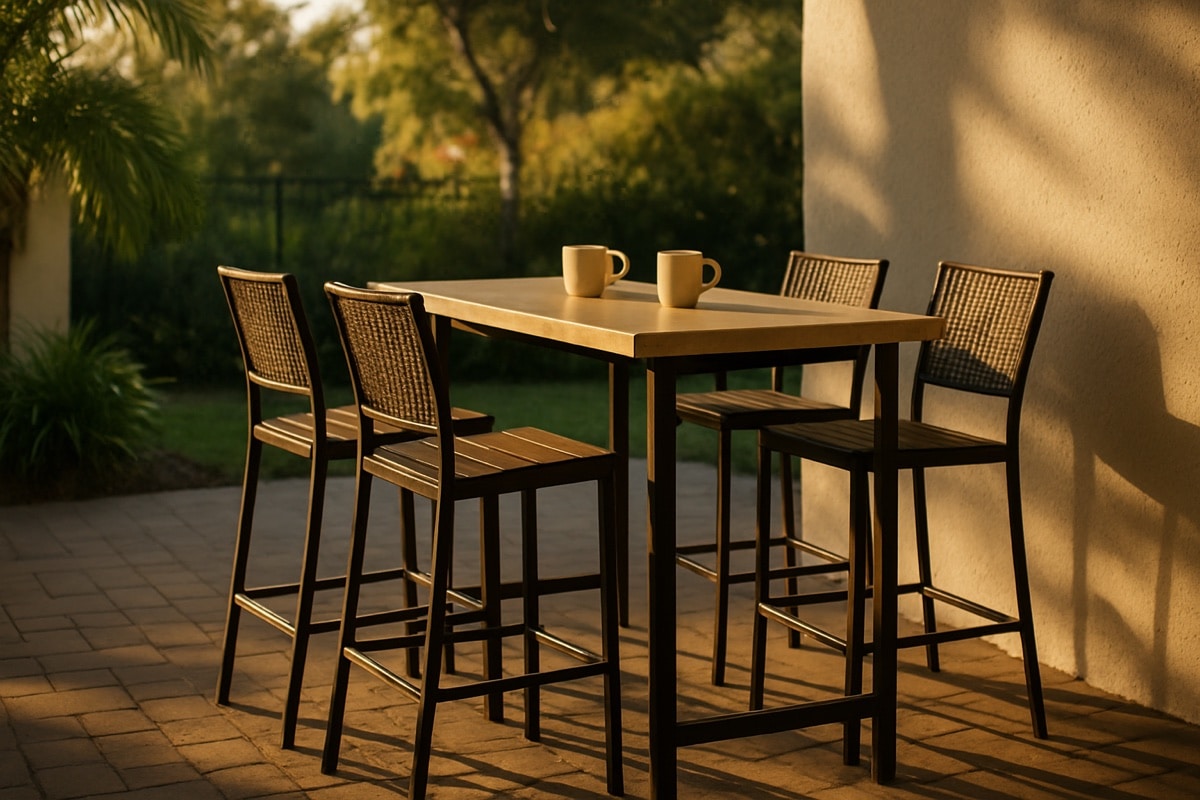 Bar-height outdoor seating arrangement on a Florida patio with coffee and morning light