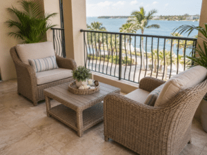 Compact Palm Casual patio chairs on a Florida balcony for an ADU or in-law suite
