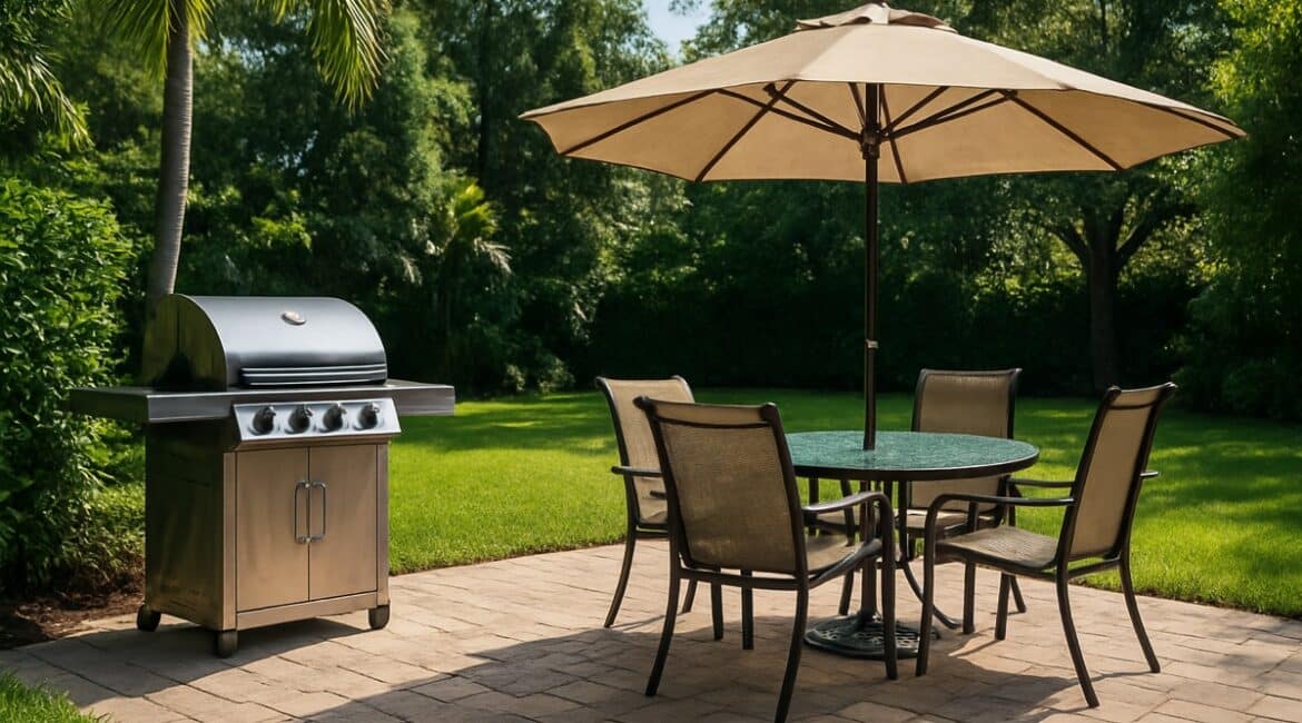 Florida backyard patio set up for a barbecue with a gas grill and a shaded dining area