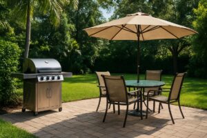 Florida backyard patio set up for a barbecue with a gas grill and a shaded dining area