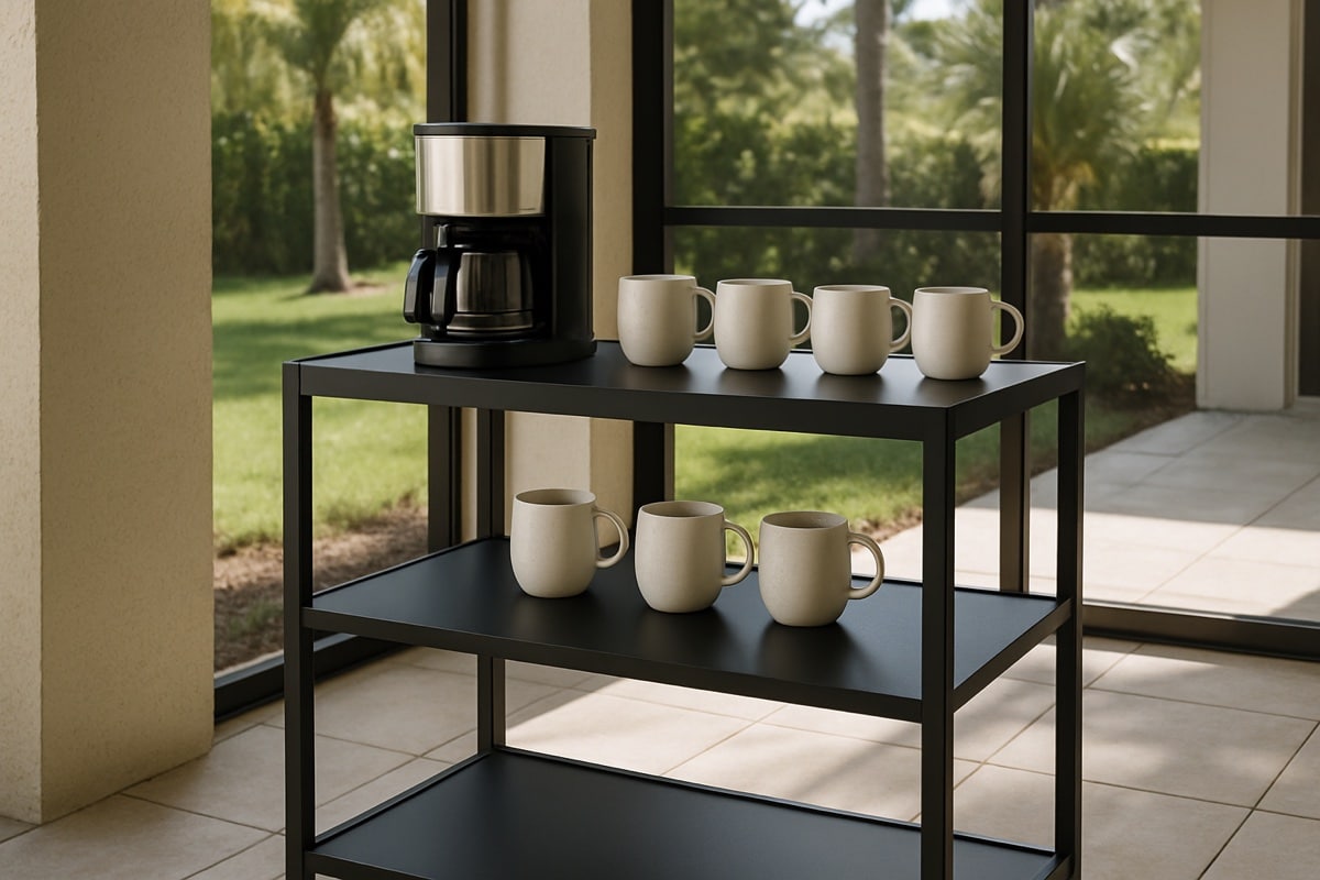 Powder-coated aluminum outdoor coffee bar cart on a covered Florida lanai
