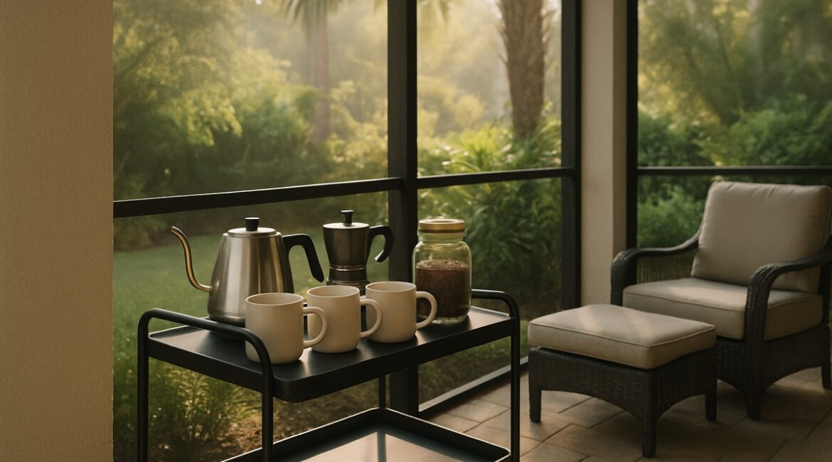 Outdoor coffee bar setup on a covered Florida lanai in the morning