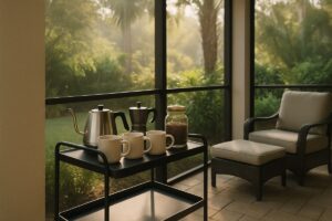 Outdoor coffee bar setup on a covered Florida lanai in the morning