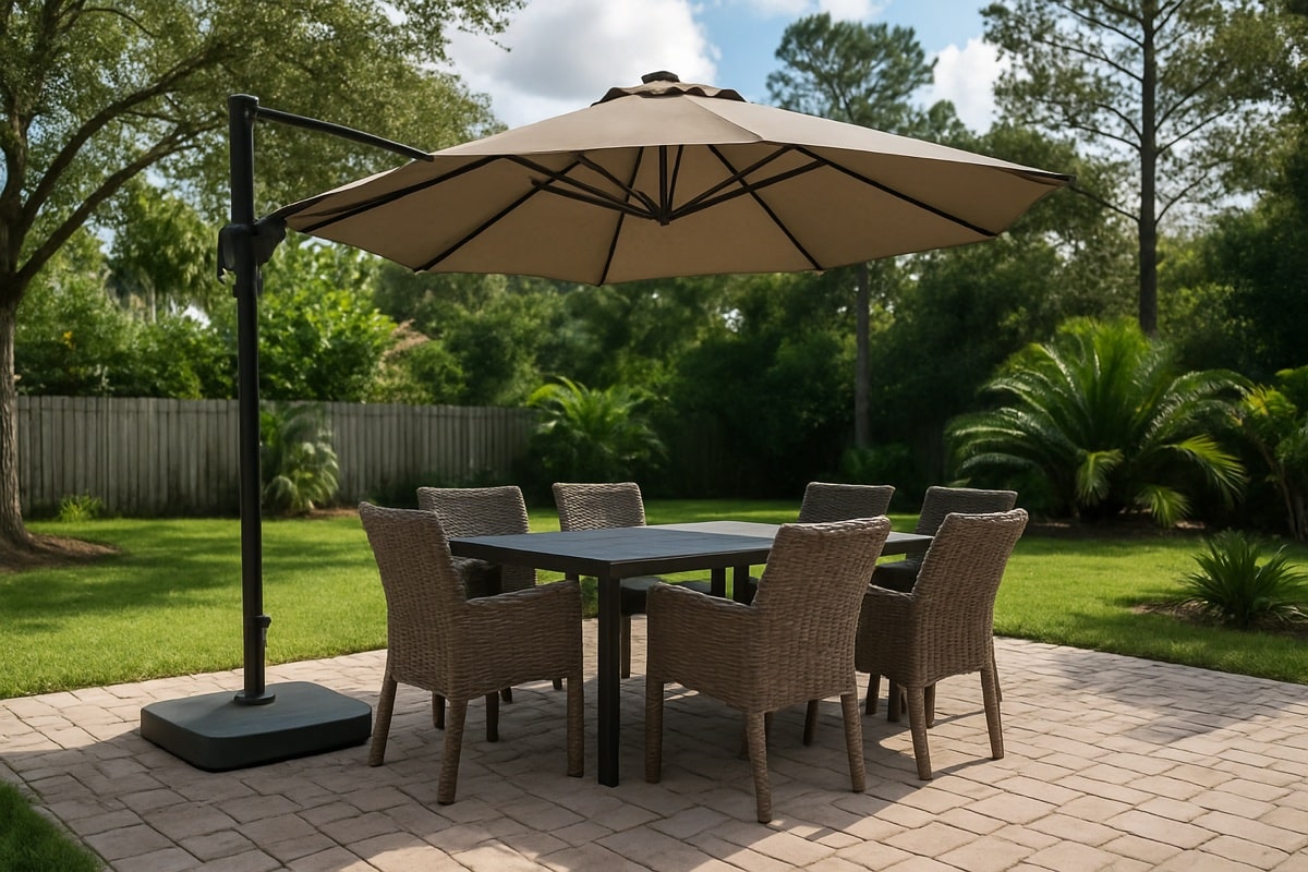 Patio dining set under a large offset cantilever umbrella on a Florida backyard patio