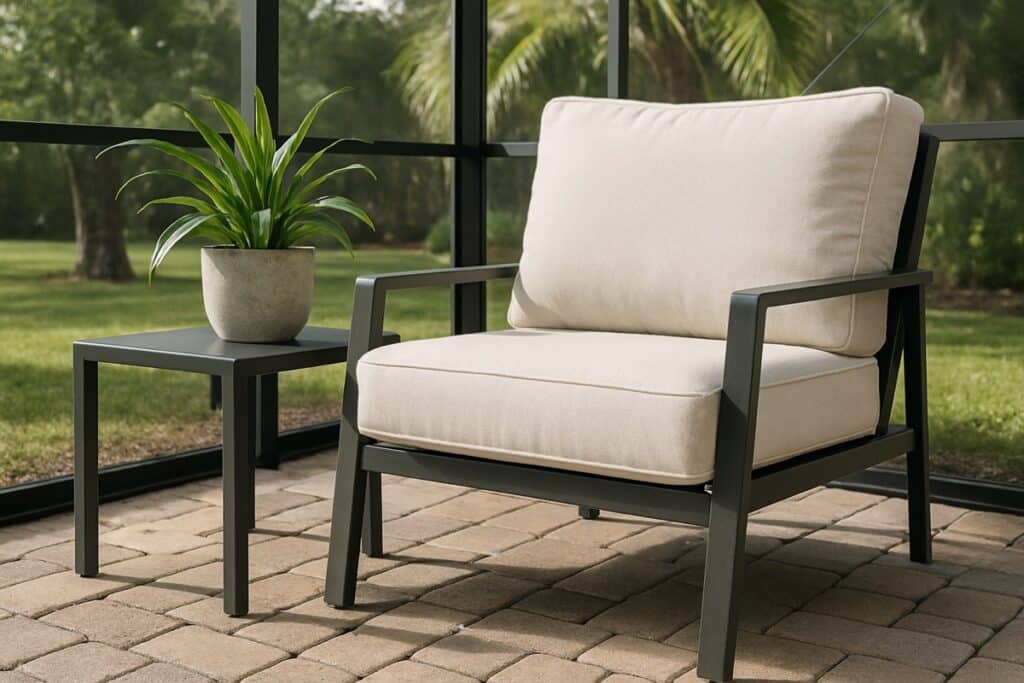 Powder-coated aluminum patio side table next to a deep-seat lounge chair on a Florida screened lanai