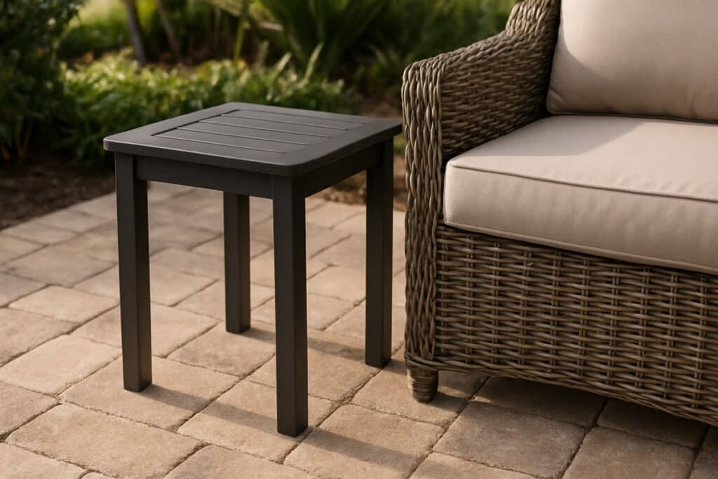 Mix of HDPE side table and resin wicker seating on a Florida patio showing finish coordination