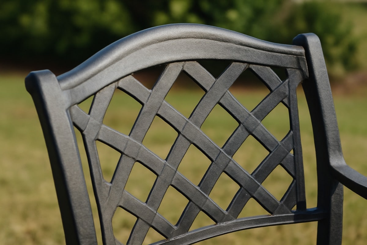 Aluminum patio furniture for Tampa backyard drying after a summer thunderstorm on the Gulf Coast