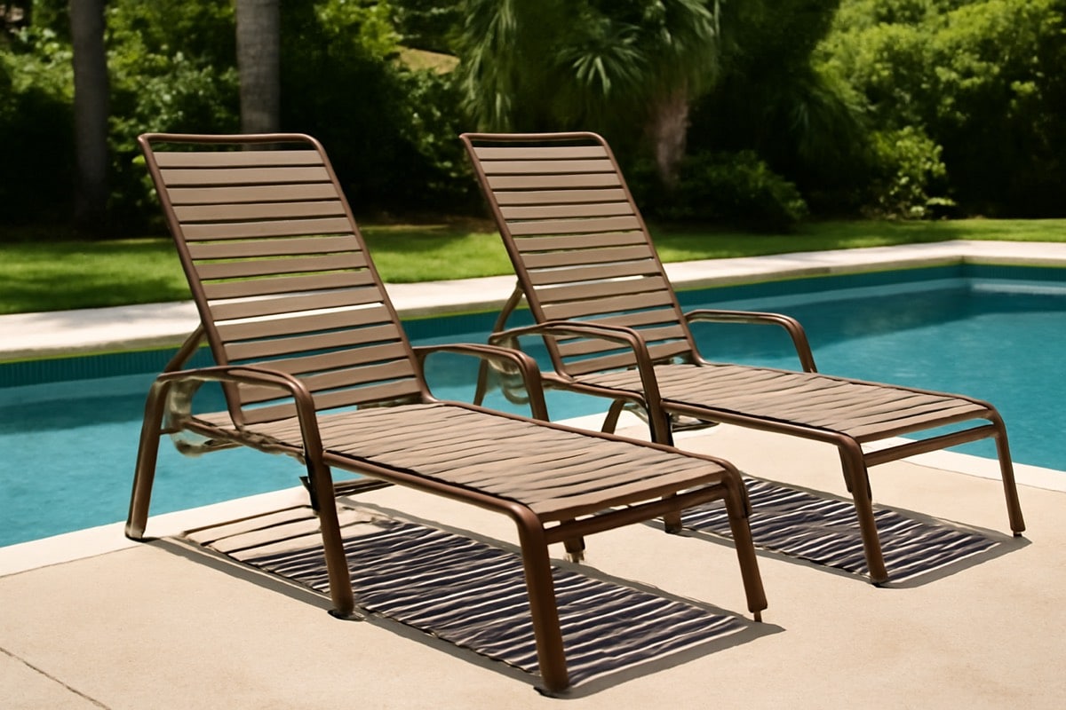Aluminum dining set with Sunbrella cushions on a screened Tampa lanai in humid Florida summer