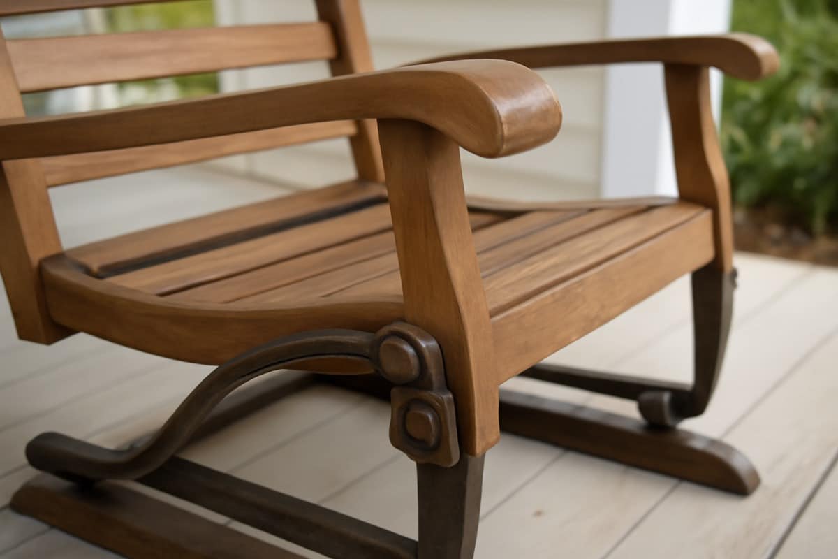 Outdoor glider chair on a covered Florida front porch at sunset