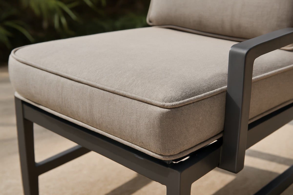 Sunbrella cushions on patio seating in bright Florida sunlight