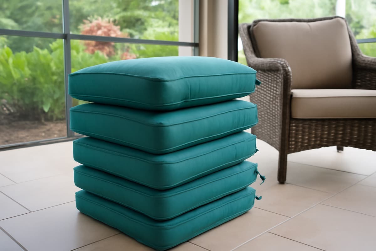 Comfortable Sunbrella cushions being wiped clean on a Florida lanai