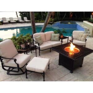 How Far Should Chairs Sit From an Outdoor Fire Table?: Grand Terrace Collection – Patio Set with 42″ Square Fire Table (available in 22″, 26″, 29″ height)