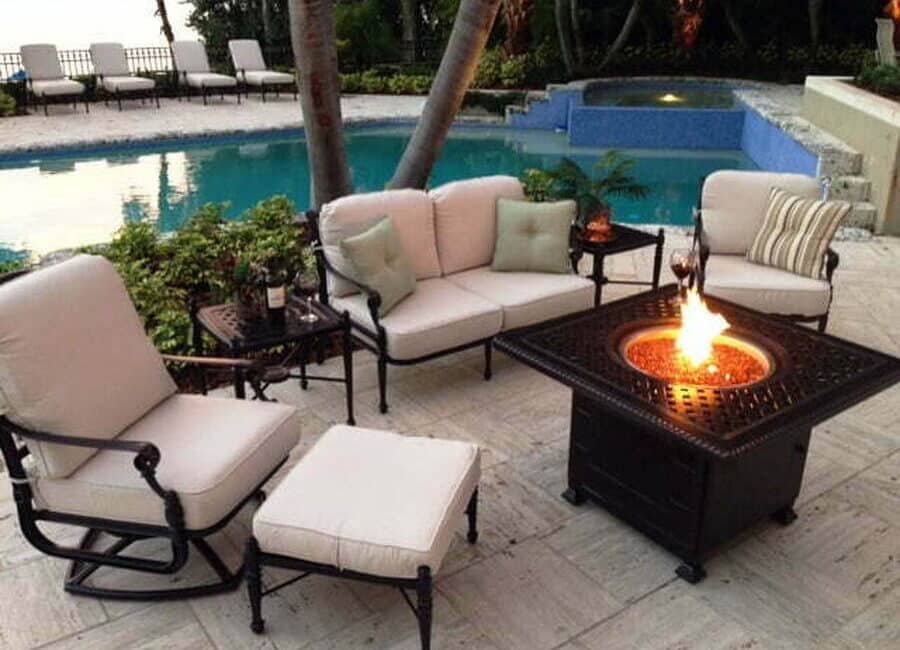 How Far Should Chairs Sit From an Outdoor Fire Table?: Grand Terrace Collection – Patio Set with 42″ Square Fire Table (available in 22″, 26″, 29″ height)