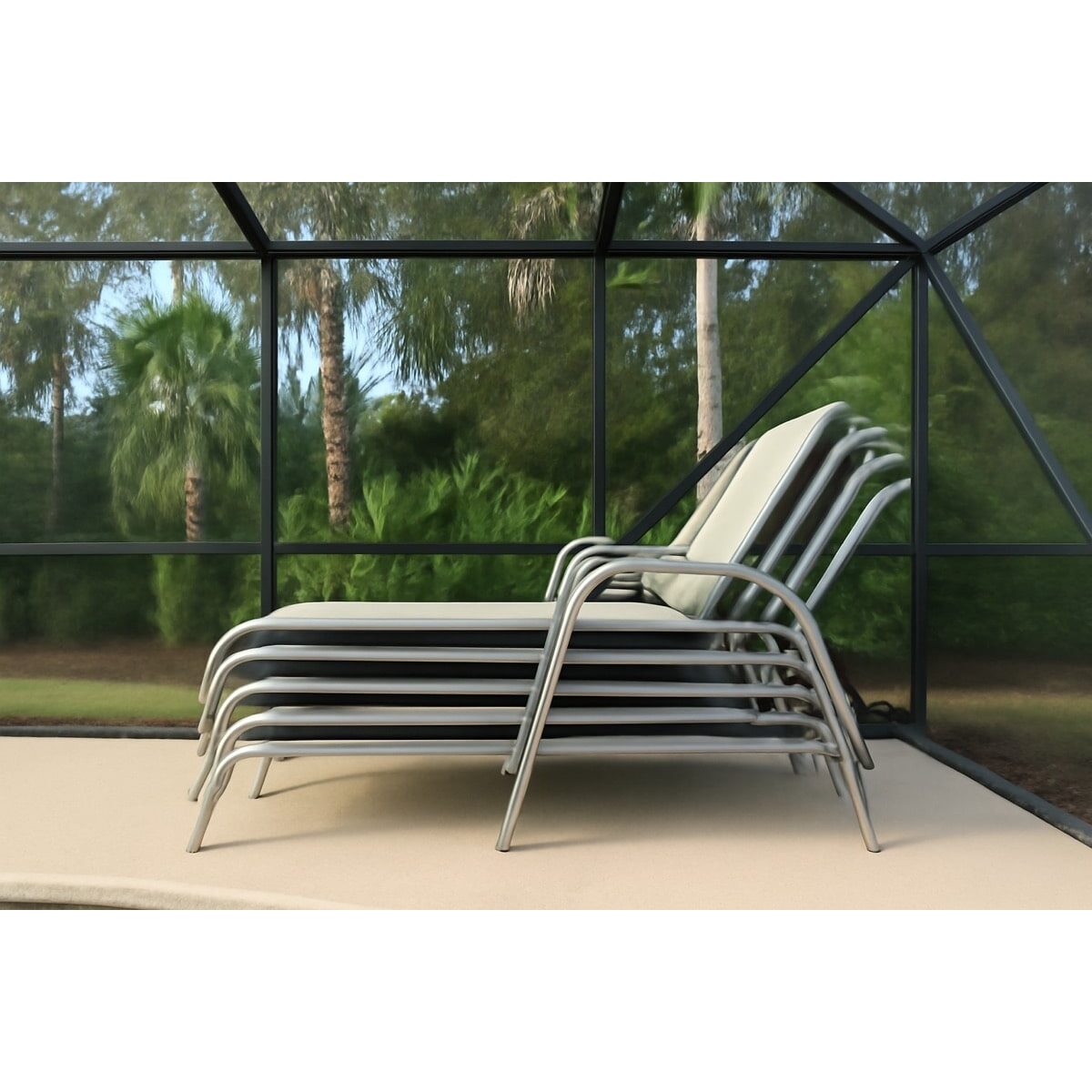 Ottoman or Chaise Lounge for a Compact Florida Patio: Stacking Aluminum Chaise Loungers for Florida Pool Storage (scene)