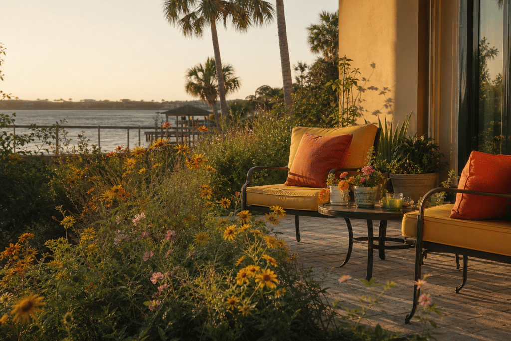 Sunbrella outdoor cushions in warm yellow and terracotta tones on Florida patio furniture surrounded by blooming wildflowers