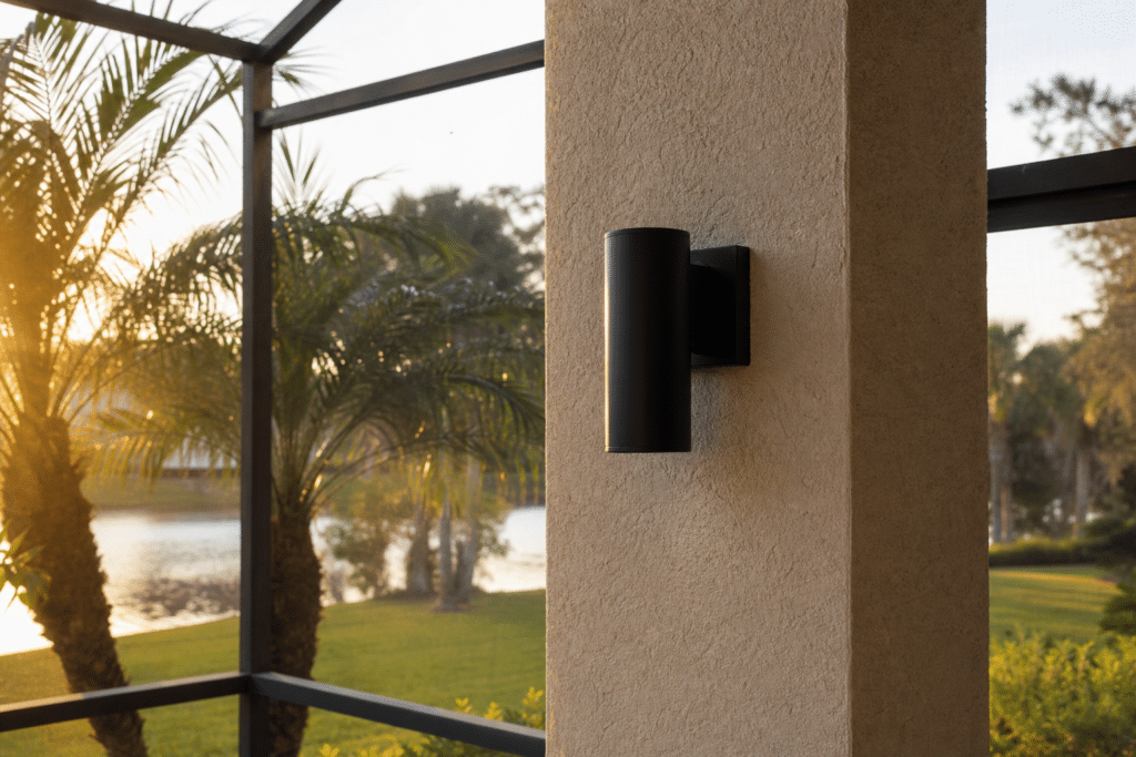 Powder-coated aluminum outdoor light fixtures mounted on a screened Florida patio with lush tropical landscaping