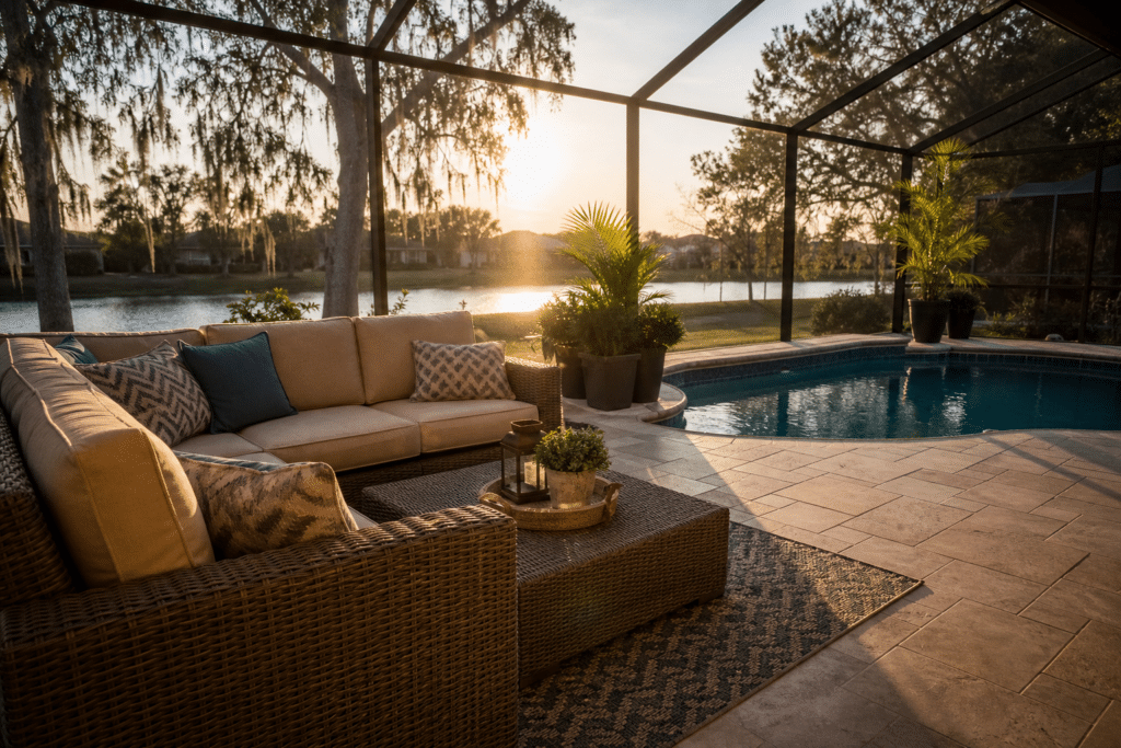 Palm Casual outdoor patio set with resin wicker sectional and coordinating coffee table on a screened Florida pool deck