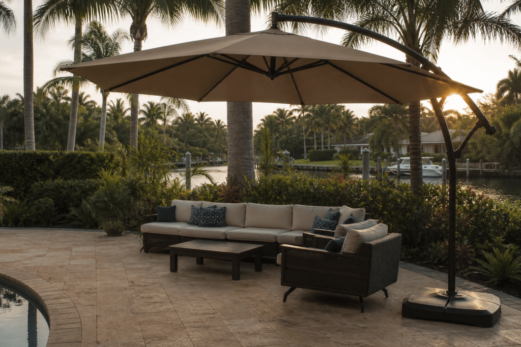 Cantilever umbrella shading a deep-seat lounge set on a Florida backyard patio for a summer Father's Day gathering