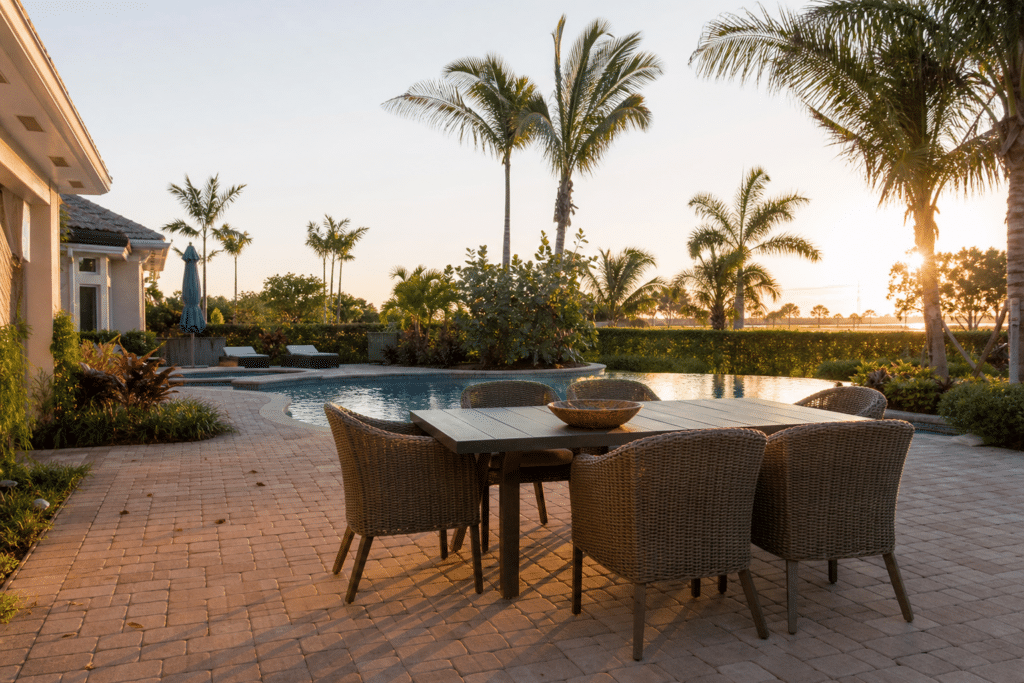 Outdoor dining set and conversation grouping on a Florida vacation rental pool deck with palm trees in background