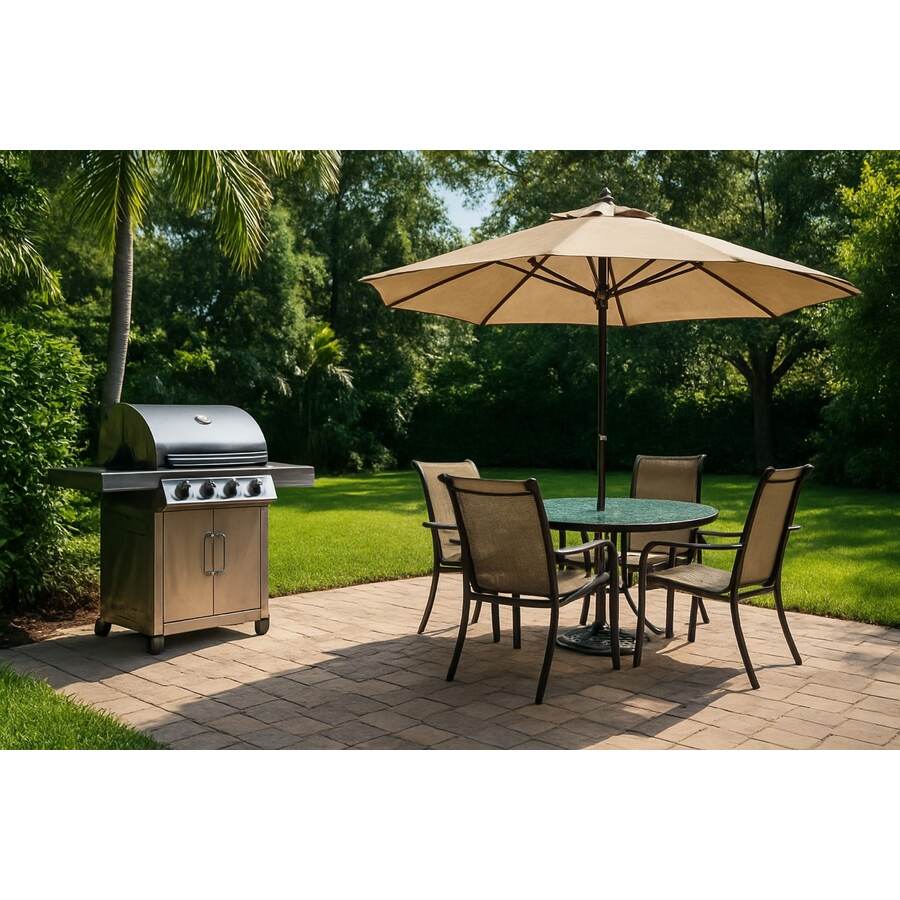 Positioning a Market Umbrella for Florida Afternoon Sun: palm-casual-florida-bbq-patio-setup