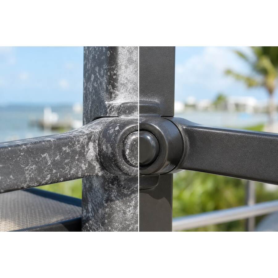 Salt-Air Maintenance for Aluminum Patio Furniture Joints: Salt Residue on an Aluminum Joint Before and After Cleaning