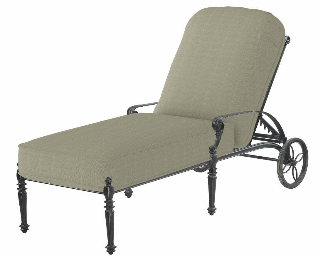 Cushioned chaise lounge with a large rear transport wheel