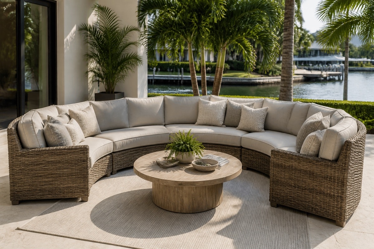 curved outdoor sectional arranged around a central patio table