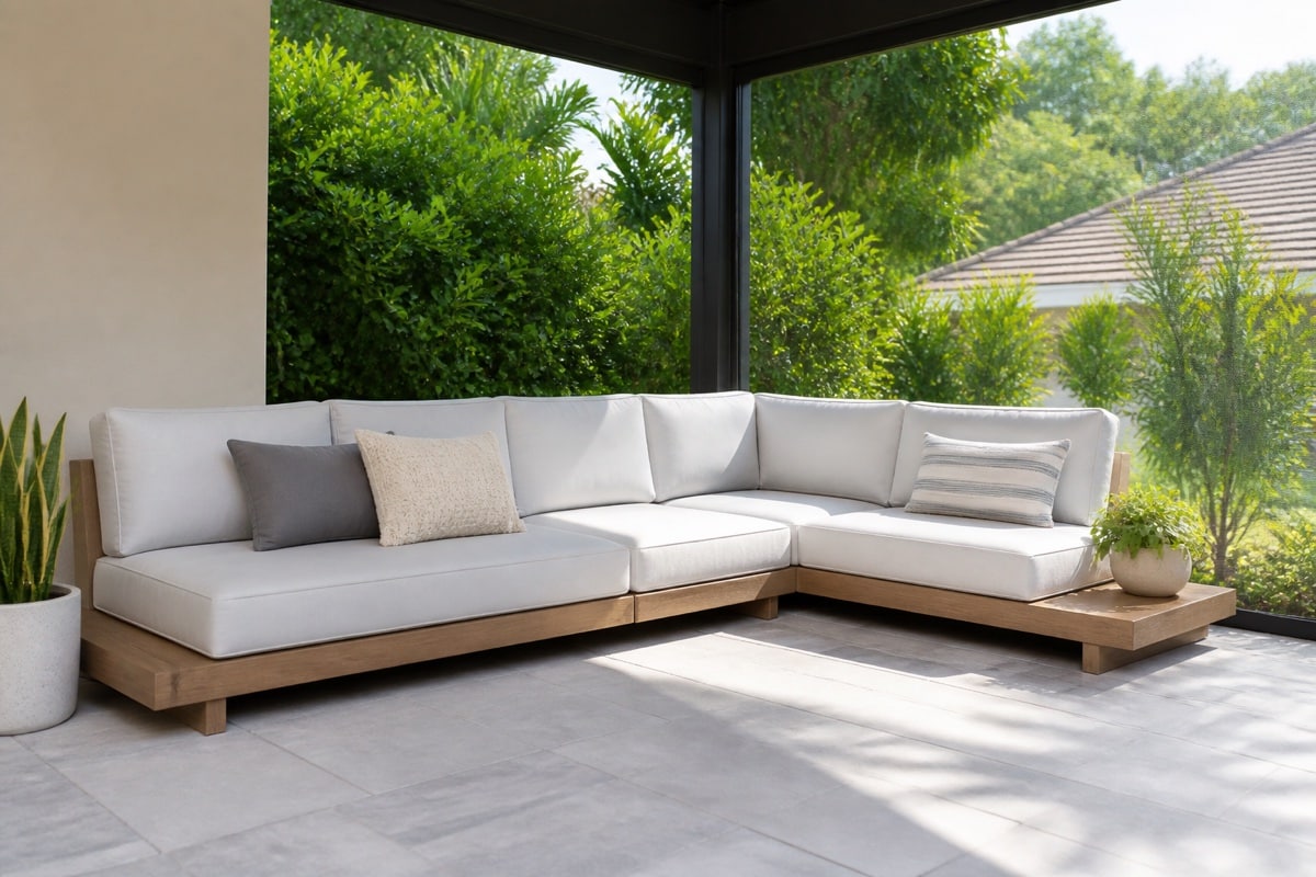 straight modular outdoor sectional on a rectangular screened lanai