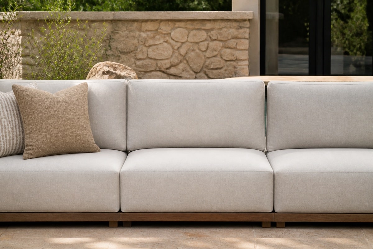armless outdoor sectional chair placed between two armed modular seats on a covered patio