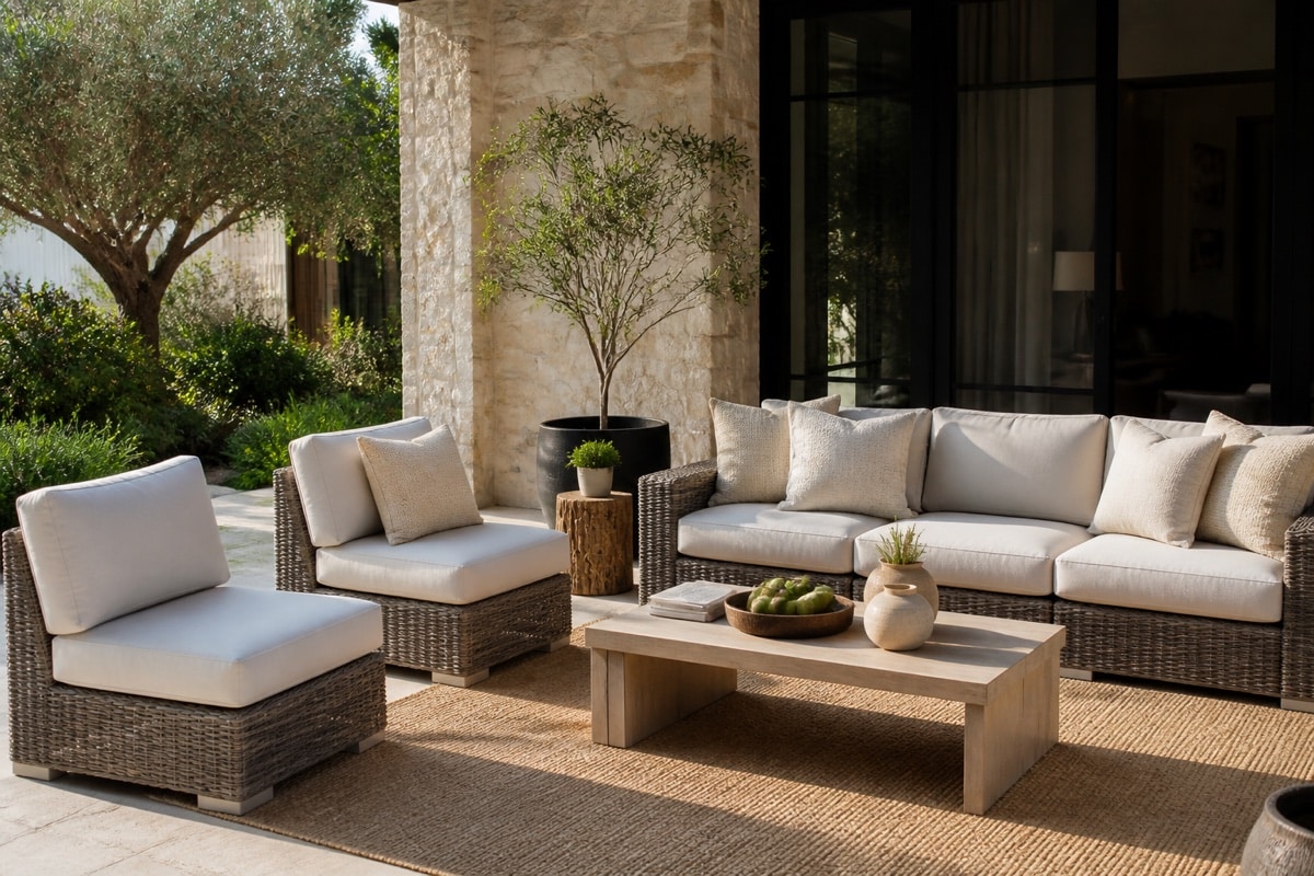 armless modular sectional end chair paired with an ottoman and side table beside a pool deck