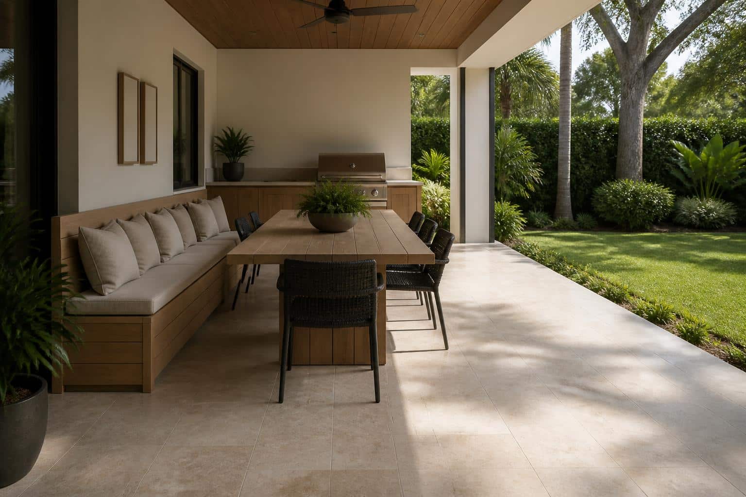 outdoor bench seat depth patio layout in Florida