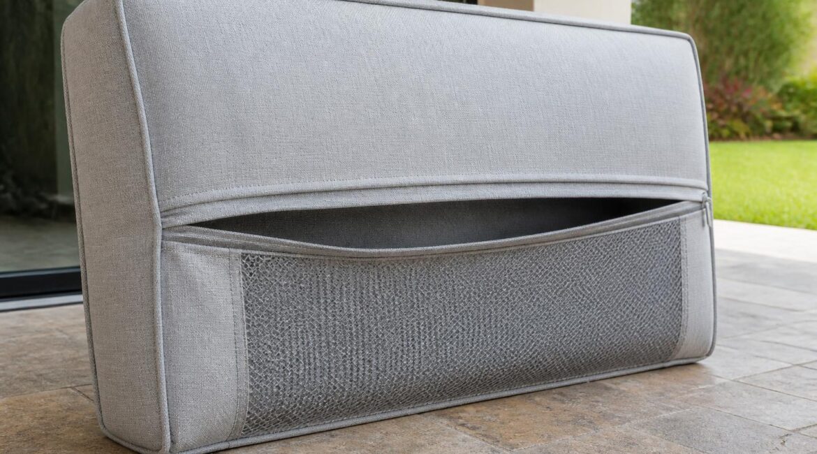 Outdoor cushion showing zipper and drainage construction