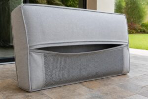 Outdoor cushion showing zipper and drainage construction
