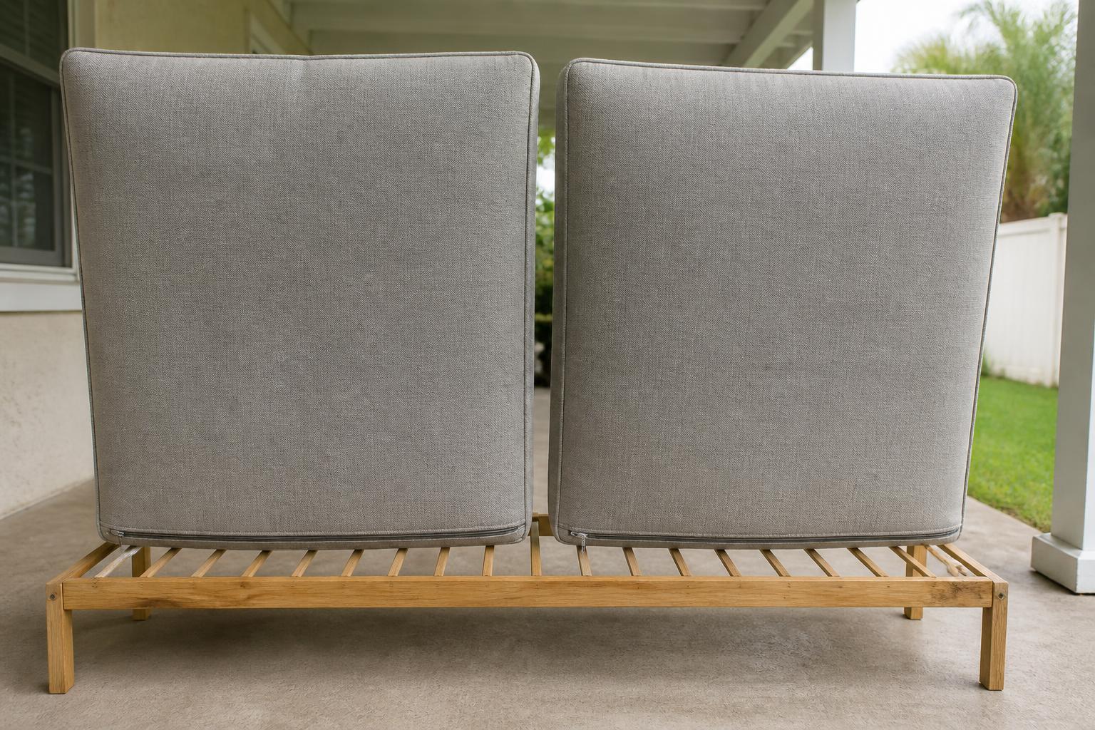 Outdoor cushions standing on edge to air dry after a Florida rain shower