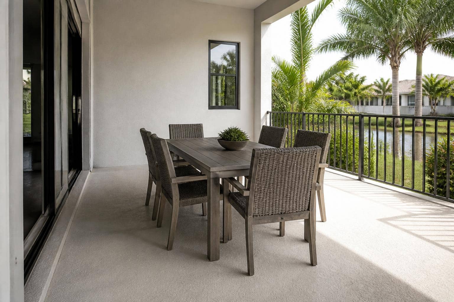 outdoor dining set wall and railing clearance patio layout in Florida