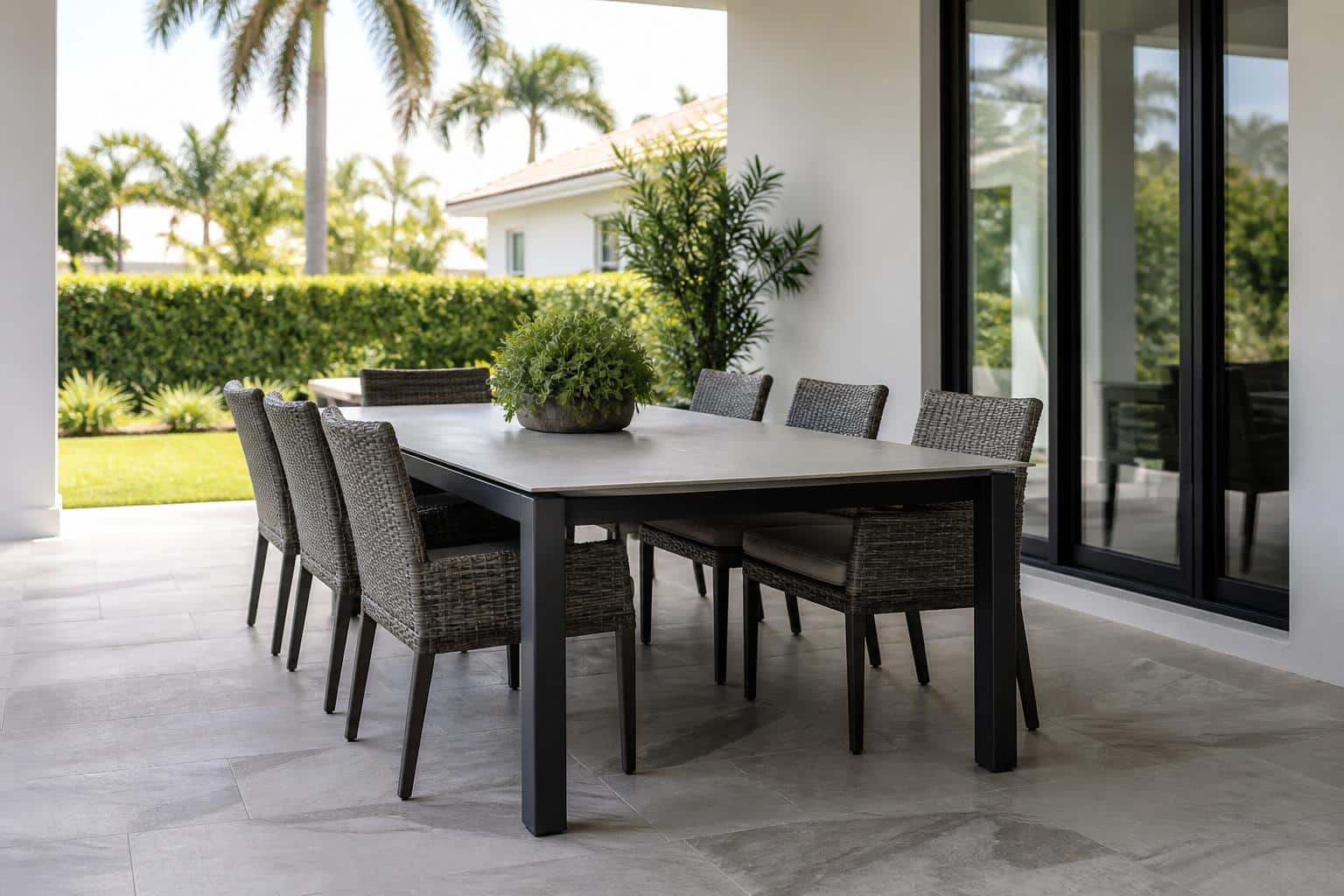 outdoor dining table overhang leg room patio layout in Florida