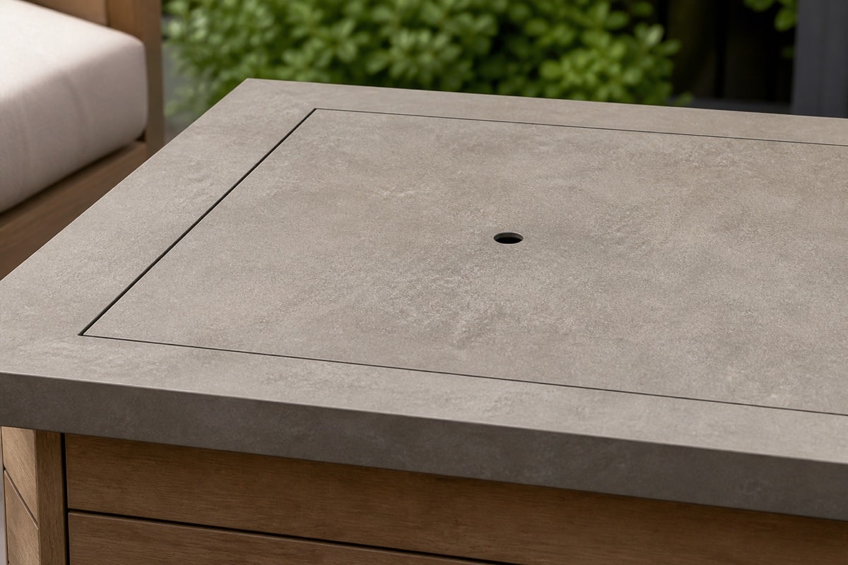 removable outdoor fire table burner lid stored upright beside patio seating